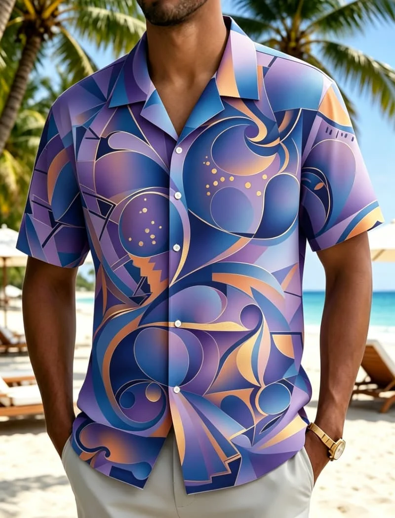 Men's Fashion Abstract Geometric Curve Print Short Sleeve Lapel Shirt Summer Holiday Beach Loose Casual Streetwear Mens Clothing