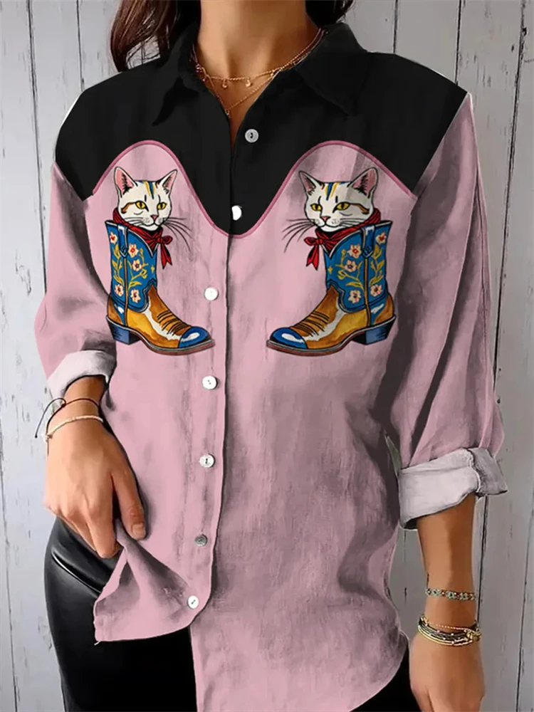 2026 Spring Fall Women's Retro Shirt Boot-Inspired Cat Art Print Collared Button-Down Shirt Fashionable Long-Sleeve Shirt