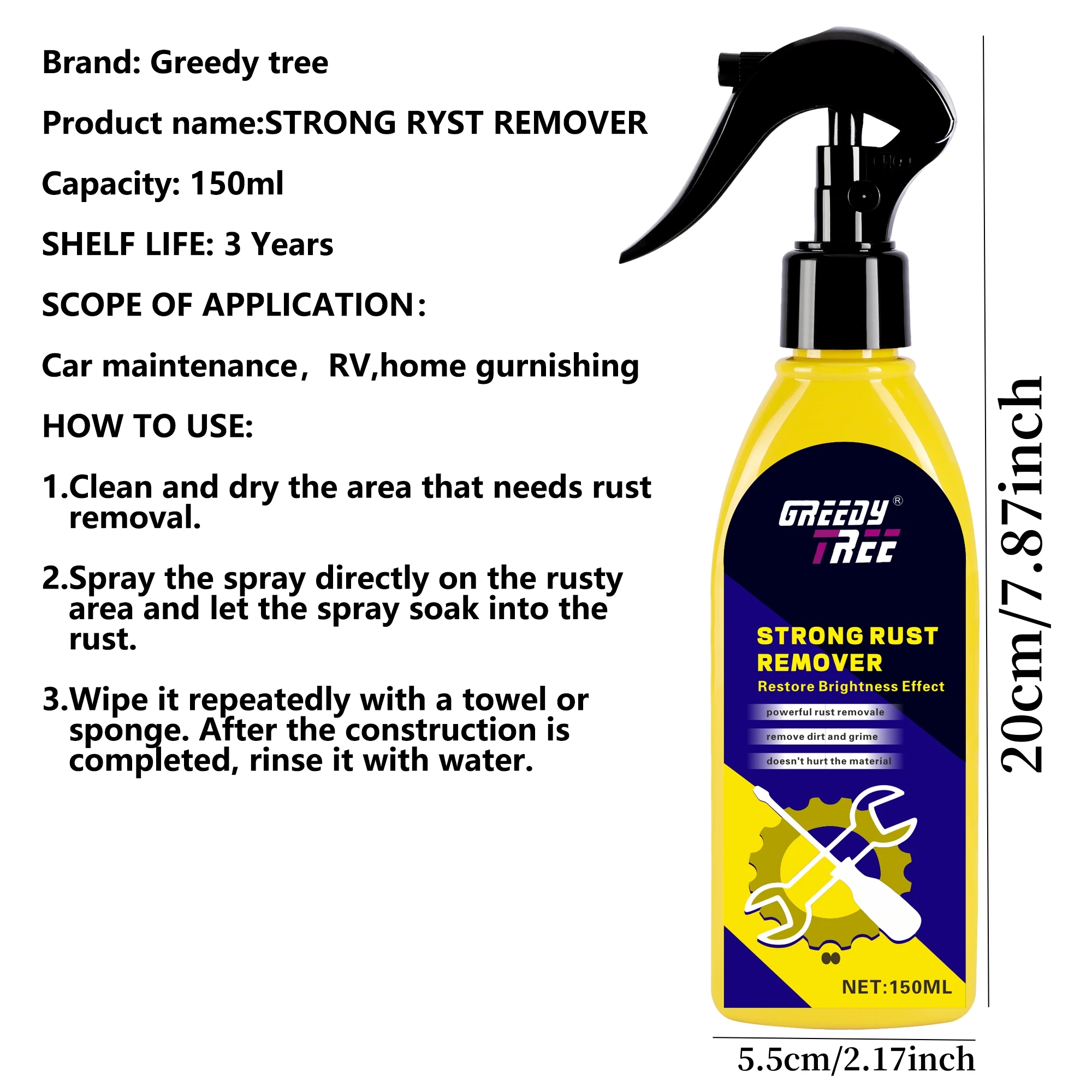 Multi-Purpose Rust Remover Spray | Strong Elimination of Rust & Iron Buildup, Ideal for Chrome Paint & Automotive Maintenance