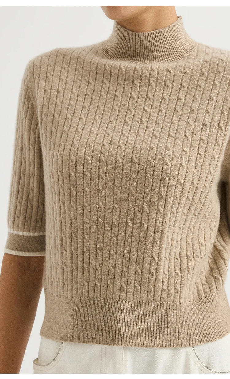 BL4621756 Damen-Oberteil mit Stehkragen, kurzen Ärmeln, 100% Kaschmir, Zopfmuster, Lederabzeichen, Kettenkontrast-Manschettenbesatz, Frühherbst – Detail 9