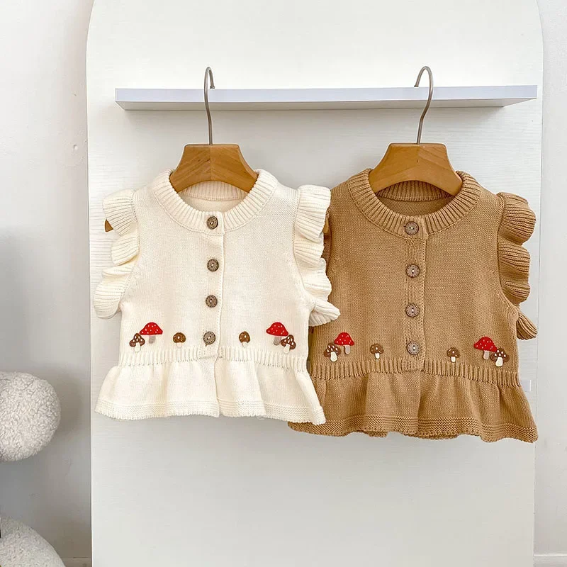 

HoneyCherry Autumn Baby Girl Knitted Vest Cute Mushroom Infant Sweater Loose Toddler Girls Sleeveless Waistcoat