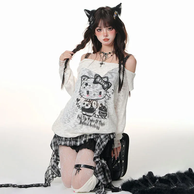 Sanrioed Hello Kittys American Style Long Sleeved T-Shirt Women's Summer Loose Y2K Spicy Girl Off Shoulder Fake Two Piece Tops