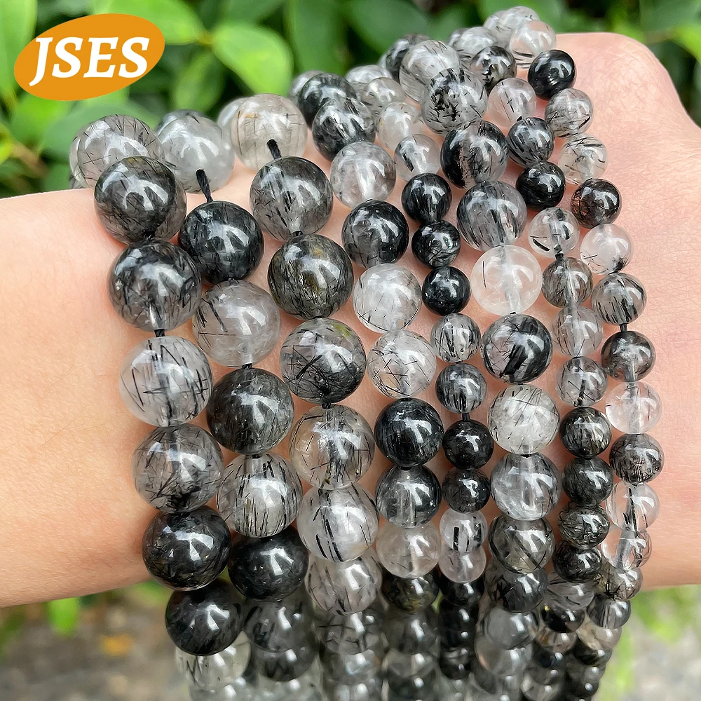 

JSES 3A 6/8/10mm Natural Stone Black Rutilated Quartz Crystal Beads Smooth Round Loose Bead Jewelry Making DIY Bracelet Gift 15"