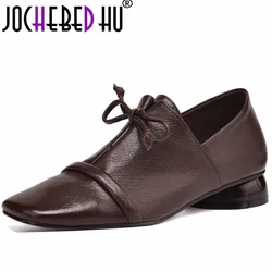 【JOCHEBED HU】Spring Autumn Lace Up Mid Heel Loafers Women Genuine Leather Sqaure Toe Shallow Mouth Single Shoes British Style