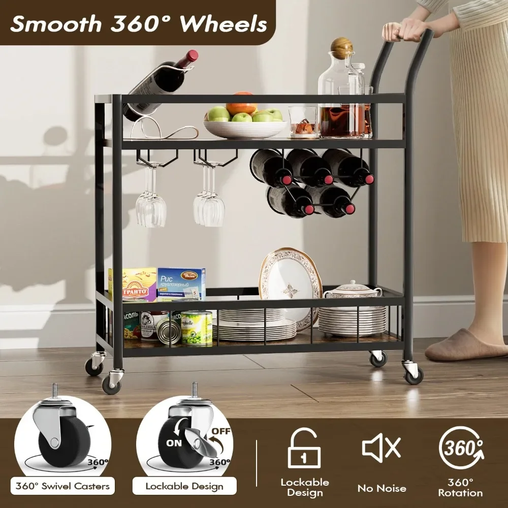 Home Industrial Mobile Bar Cart Serving Wine Cart Glass Holder 2 Wood Storage Shelves for Living Room Kitchen Party Black