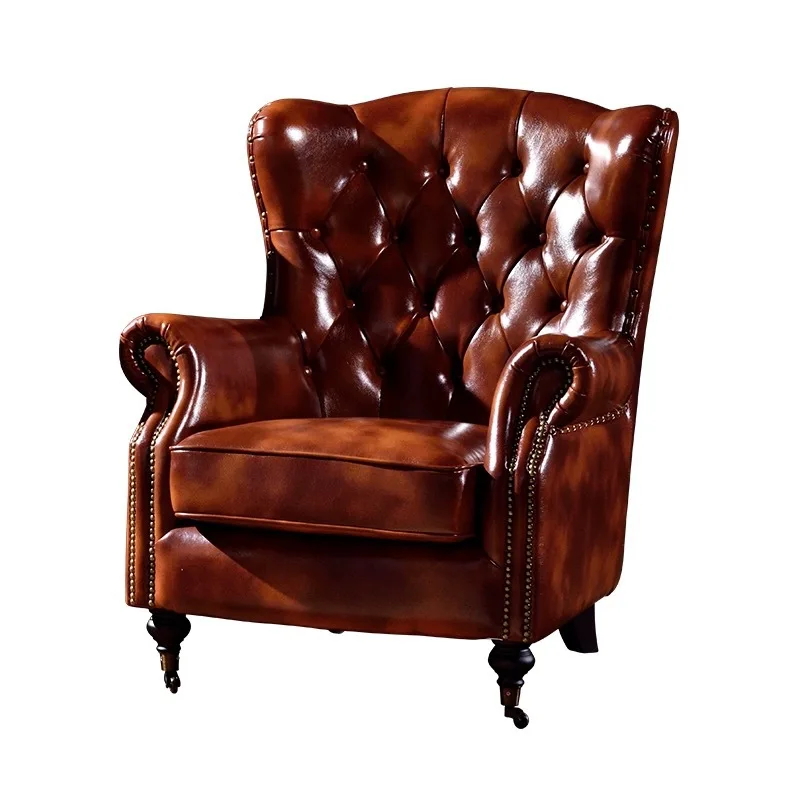 Light luxury vintage leather single sofa, snap-button leather sofa chair