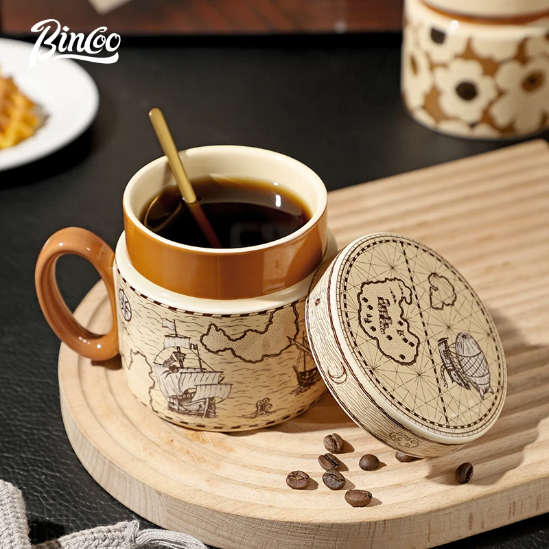 

BINCOO Coffee Cup Ceramic Mug with Lid Couple Cup Afternoon Tea Cup Retro Creative for Home and Office 380ML
