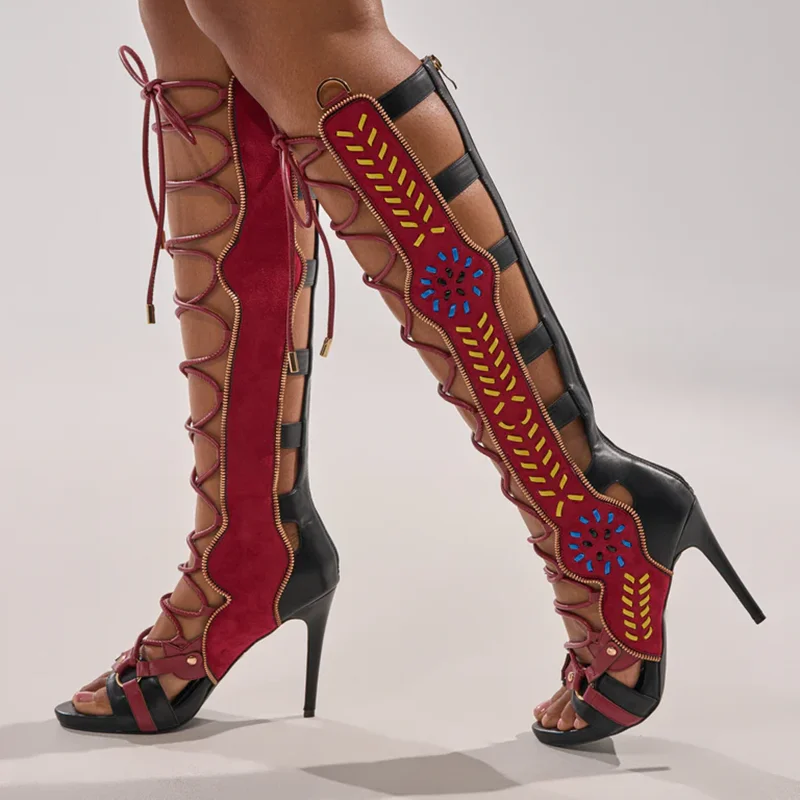 

Босоножки в стиле пэчворк на шнуровке, кожаные сексуальные босоножки с острым носком, новые поступления по индивидуальному заказу, модные женские современные ботинки