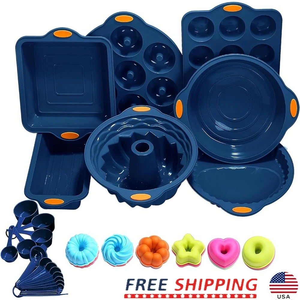 

31 Pieces Silicone Bakeware Set Non Stick Baking Pans Metal Framed Molds Heat Resistant Cake Muffin Donut Bread Party Use