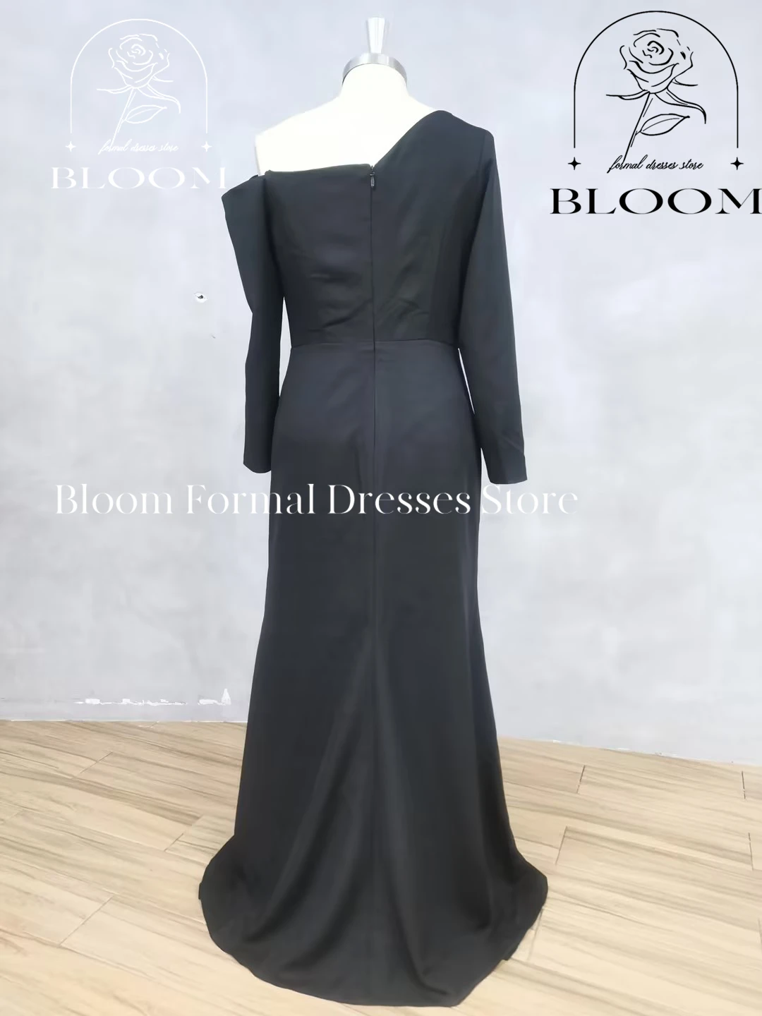 Bloom Customized One Shoulder Side Silt Solid Color 3D Flowers Zipper Back Long Sleeves Off the Shoulder Bespoke Occasion Gowns