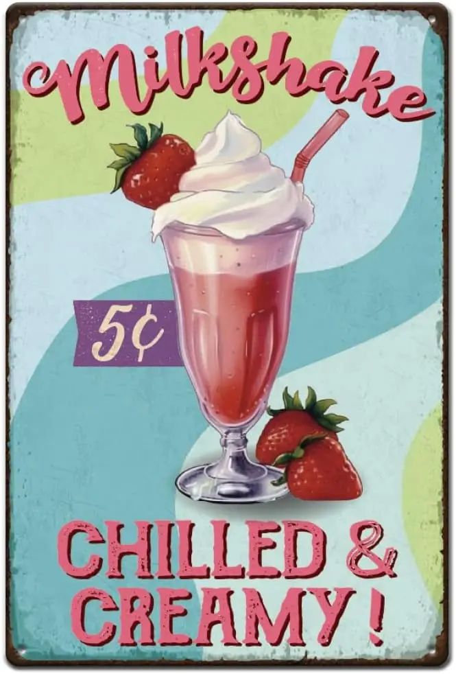 SUPERDANT Strawberry Milkshake Tin Sign Chilled & Creamy Metal Tin Signs Vintage Iron Signs Funny Wall Art Poster Metal Plaq