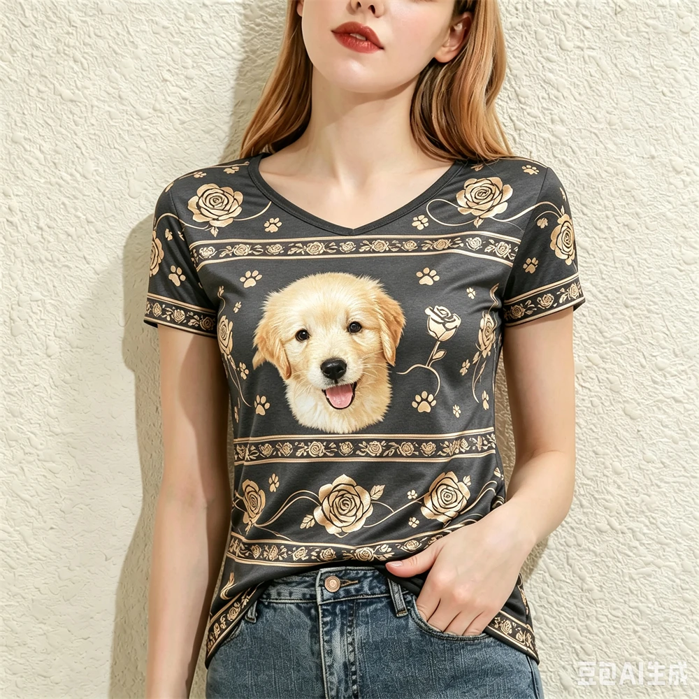 Funny 3D Dog Print Women's T-shirts Summer Casual V-neck Short Sleeve Top Fashion Flower Pattern Female Clothing Loose Girl Tee