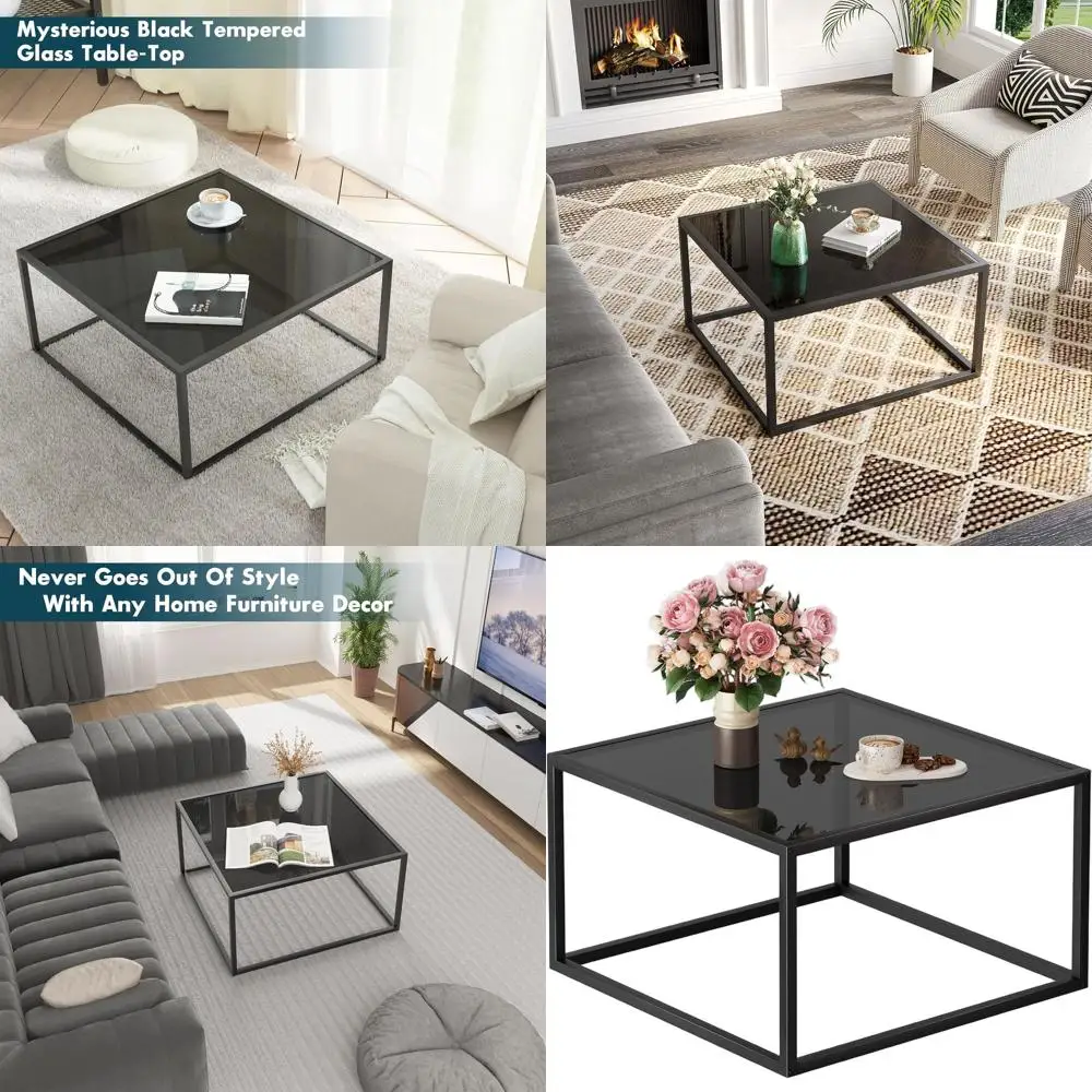 

Compact Modern Coffee Table with 26.7in Tempered Glass Top and Black Metal Frame for Living Room/Home Office