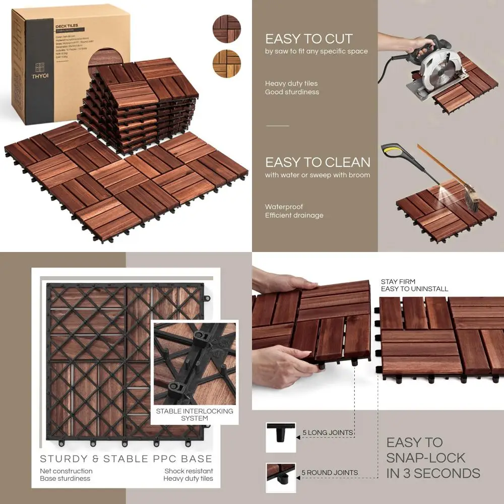

set 10 premium deck tiles, interlocking deck tile, wooden patio flooring outdoor waterproof, acacia wood decking all weather for