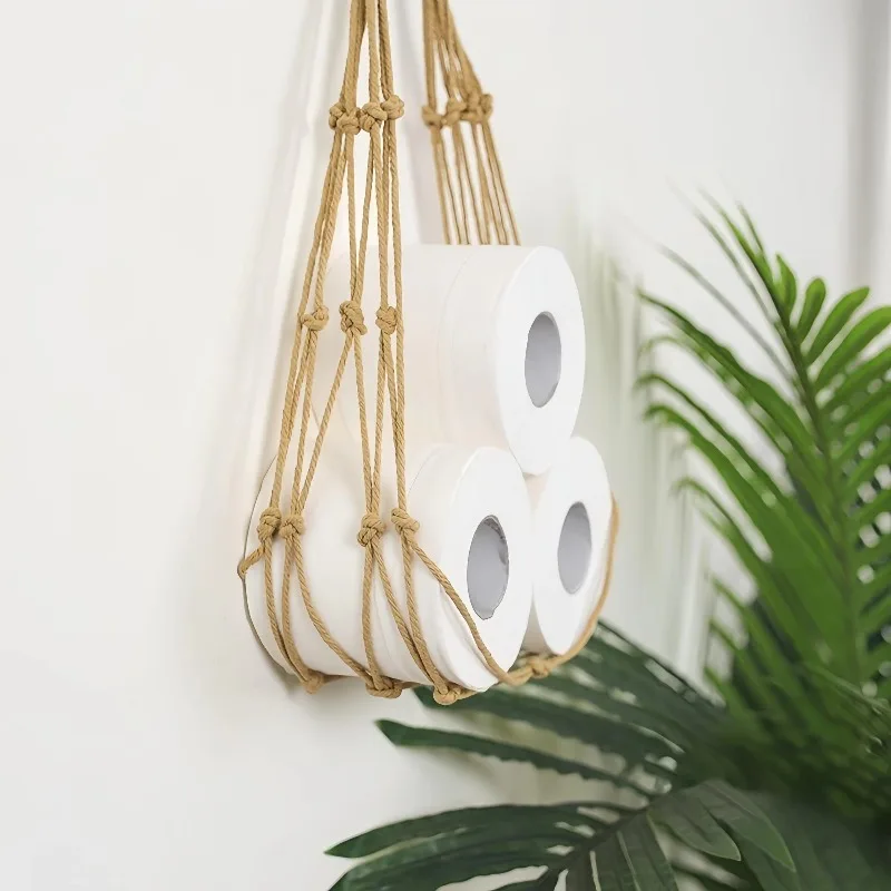 Handwoven Cotton Rope Toilet Paper Holder - Hanging Roll Paper Storage Pocket for Bathroom, Rustic Wall Mount Tissue Organizer - view 3