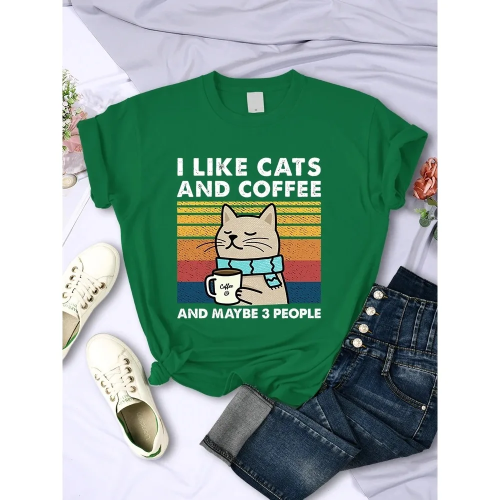 I Like Cats And Coffee Printed T Shirt Women Hip Hop Summer Soft Tops Fashion Casual Cute Short Sleeve Breathable Cool Tshirt