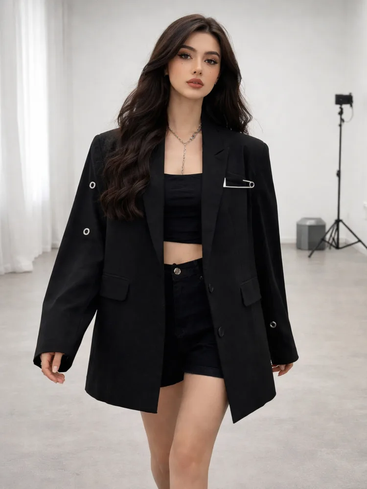 ONEXWEN Minimalist Black Blazer Women Metal Rings Safety Pin Decoration Suit Jacket Aesthetic Slim Fit Outerwear New ZM5203