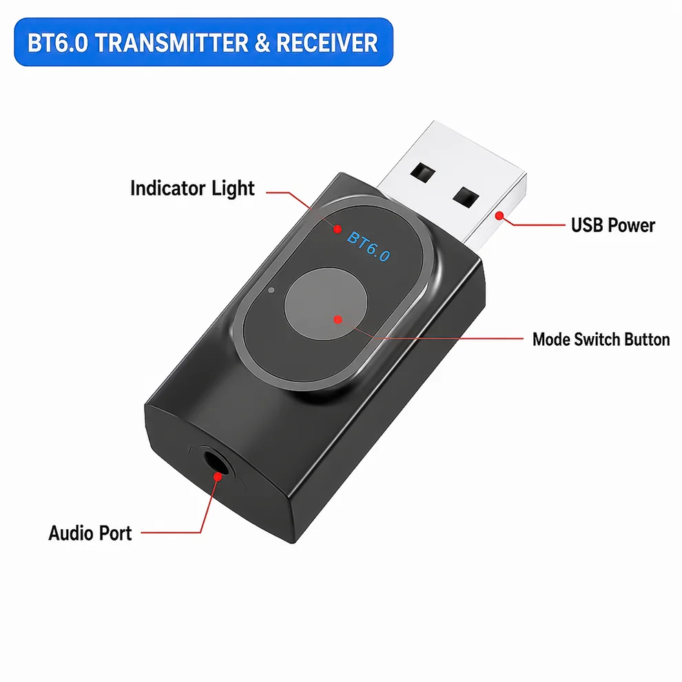 KEBIDUMEI 2 IN 1 Bluetooth 6.0 Audio Transmitter Receiver 3.5mm AUX USB Dongle With MIC Music Wireless Adapter For Car/TV/PC