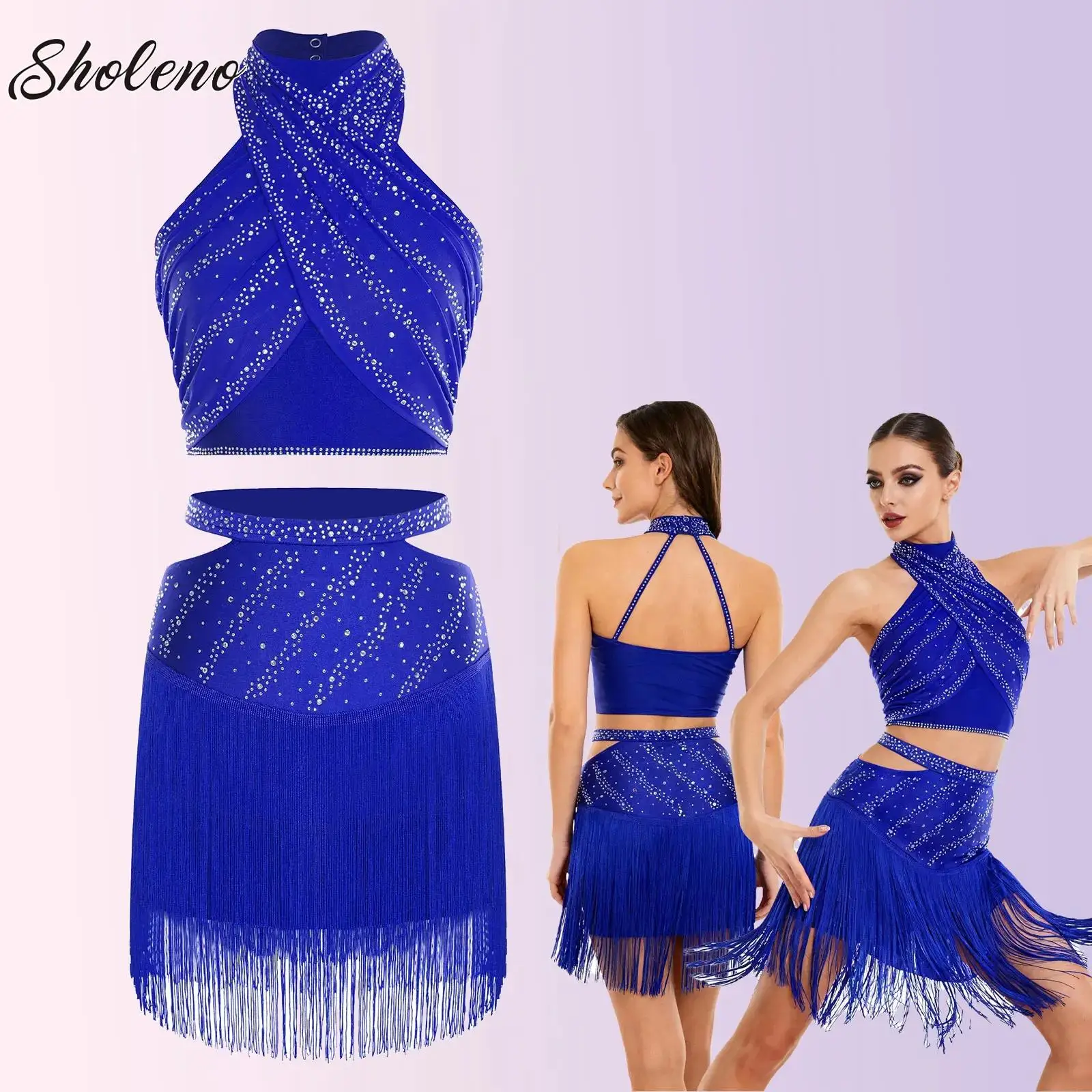 

Fringed Salsa Latin Belly Dance Costume for Women Rhinestone Crop Vest And Tiered Tassels Skirt Samba Rumba Cha-cha Belly Dance