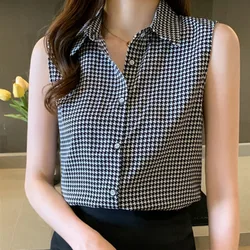 #3152 Chiffon Plaid Shirts Women Office Sleeveless Shirts Female Elegant France Style Womens Tops And Blouses Single Breasted
