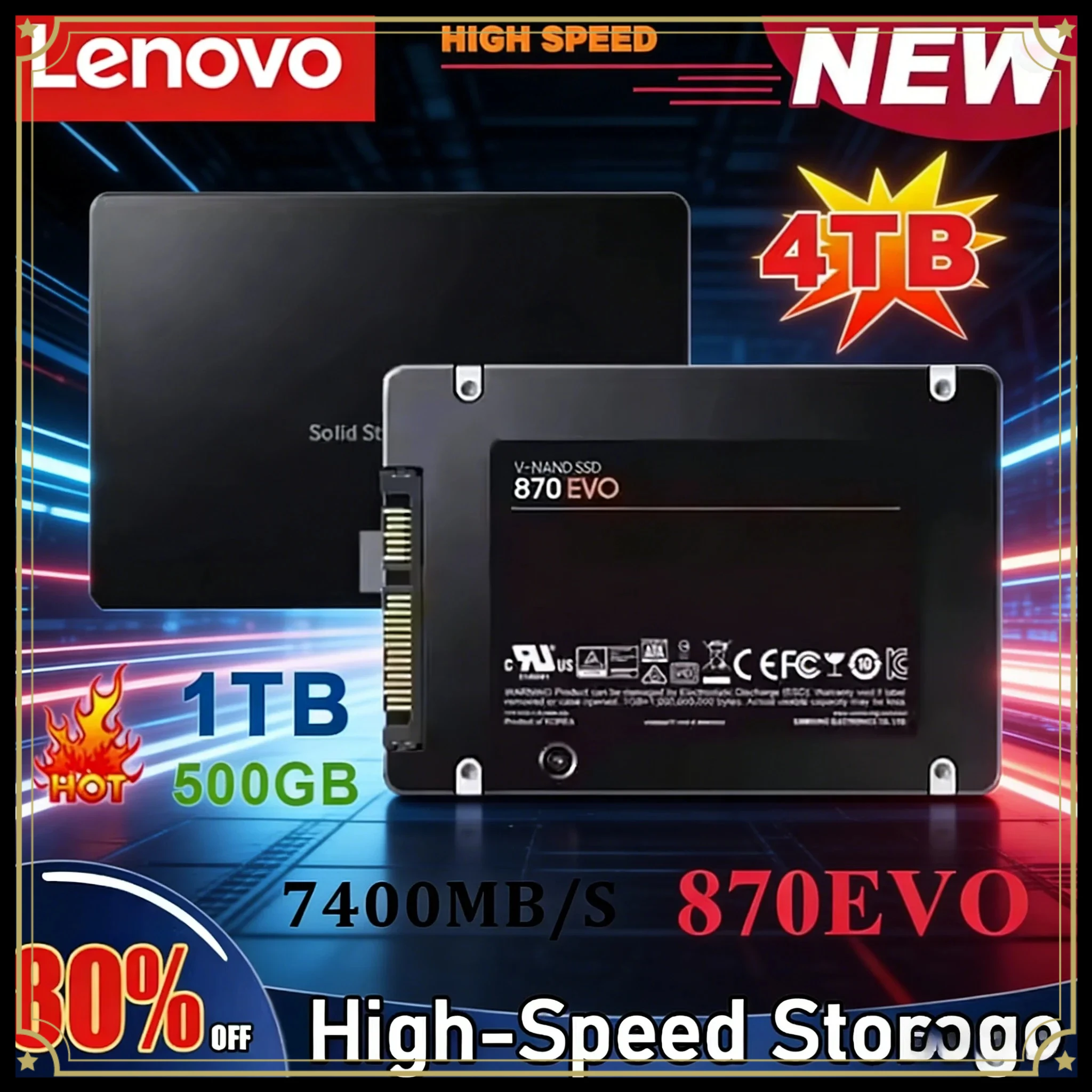 

Твердотельный накопитель Lenovo SSD 870 EVO 1TB/2TB/4TB, внутренний жесткий диск SATA3 2.5 дюйма для ноутбуков, микрокомпьютеров и настольных ПК