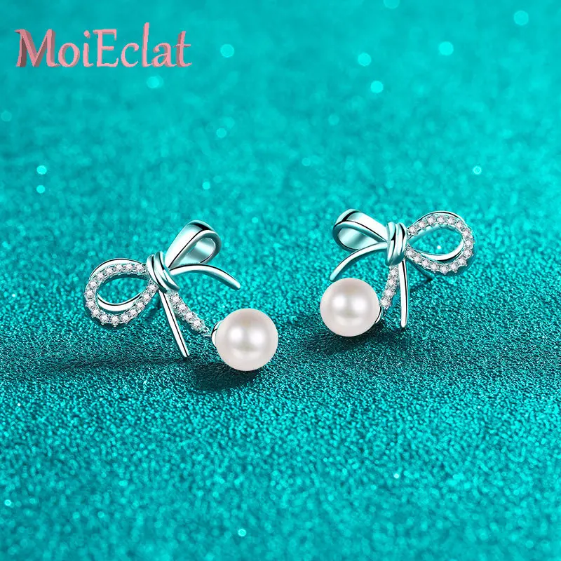 

Bohemian Beaded 0.21ct Moissanite & Freshwater Pearls Stud Earrings for Women, Platinum PT950 Tassel bow Boho Chic Jewelry