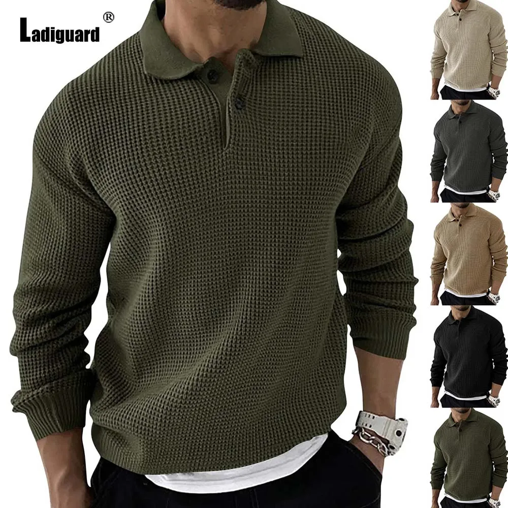 

Ladiguard 2023 Autumn New Knitting Sweaters Winter Warm Pullover Mens Basic Top Knitwear Lepal Collar Button Sweater Men Jumpers