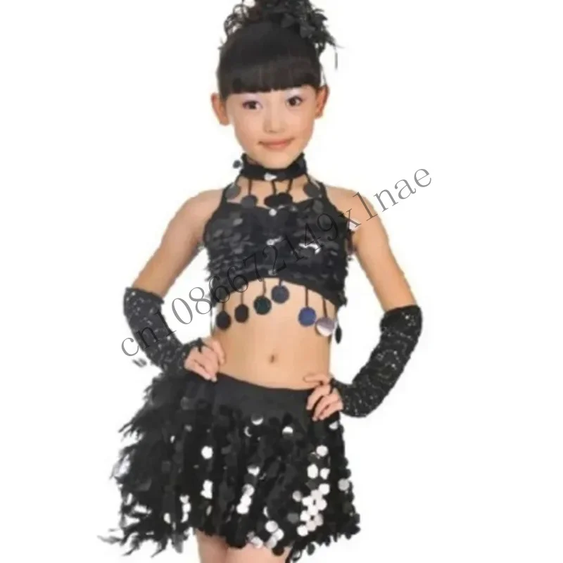 Gaun anak-anak, anak-anak perempuan, pakaian Latin Samba, gaun bulu Ballroom, kostum dansa payet CM