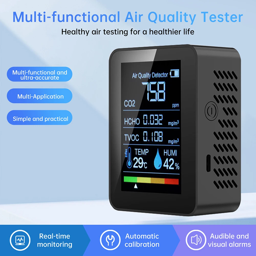 

Air Quality Monitor Carbon Dioxide Detector Formaldehyde HCHO VOC Tester with Automatic Calibration Temperature Humidity Tester