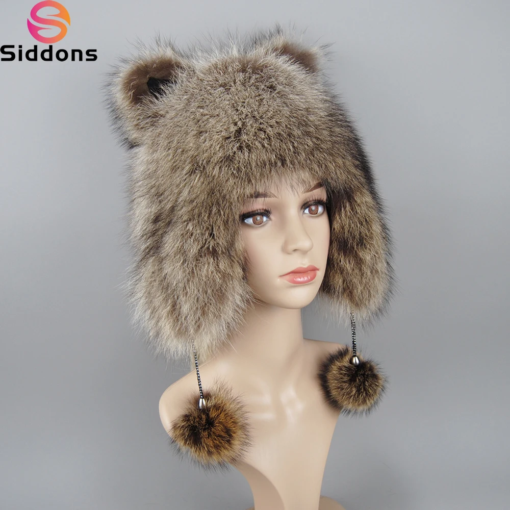 Lady Real Raccoon Fur Cap Tail Women Natural Raccoon Fur Caps Ushanka Hats for Winter Thick Warm Ears Fashion Bomber Pom Pom Hat