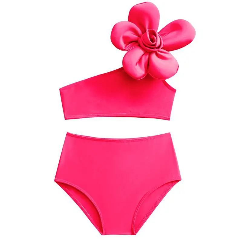 Girls 3d Flower Bikini Two Pieces Swimsuit Kids High Waisted One Shoulder Children's Swimwear 5-14 Years Teenager Bathing Suit