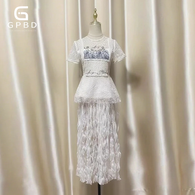 

Elegant Two Piece Sets for Women Round Neck Short Sleeve Hit Color Tops High Waist A Line Skirts Vintage Set Female Fahsion