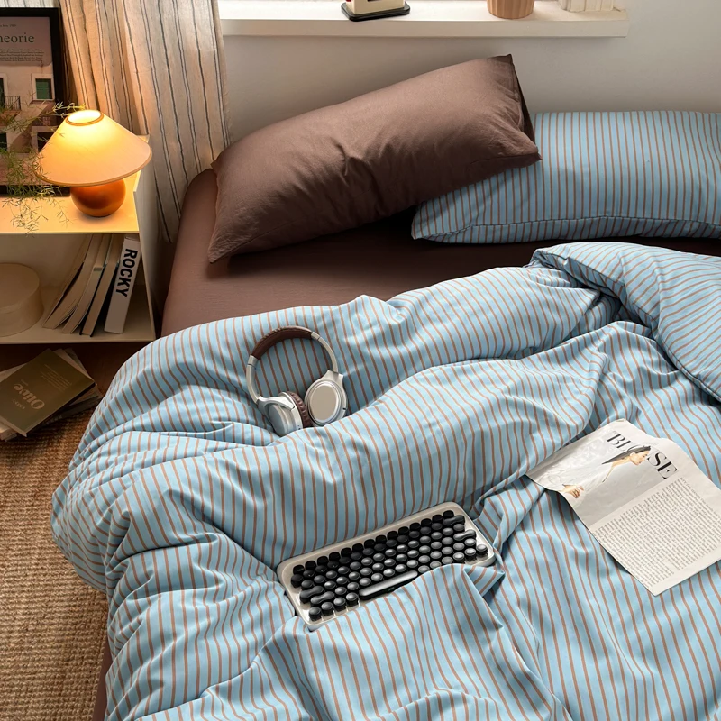 Soft Washed Cotton Bedding Set Blue Brown Stripe Duvet Cover Set With 2 Pillowcases For Daily Bedroom Decor Twin Queen No Sheet