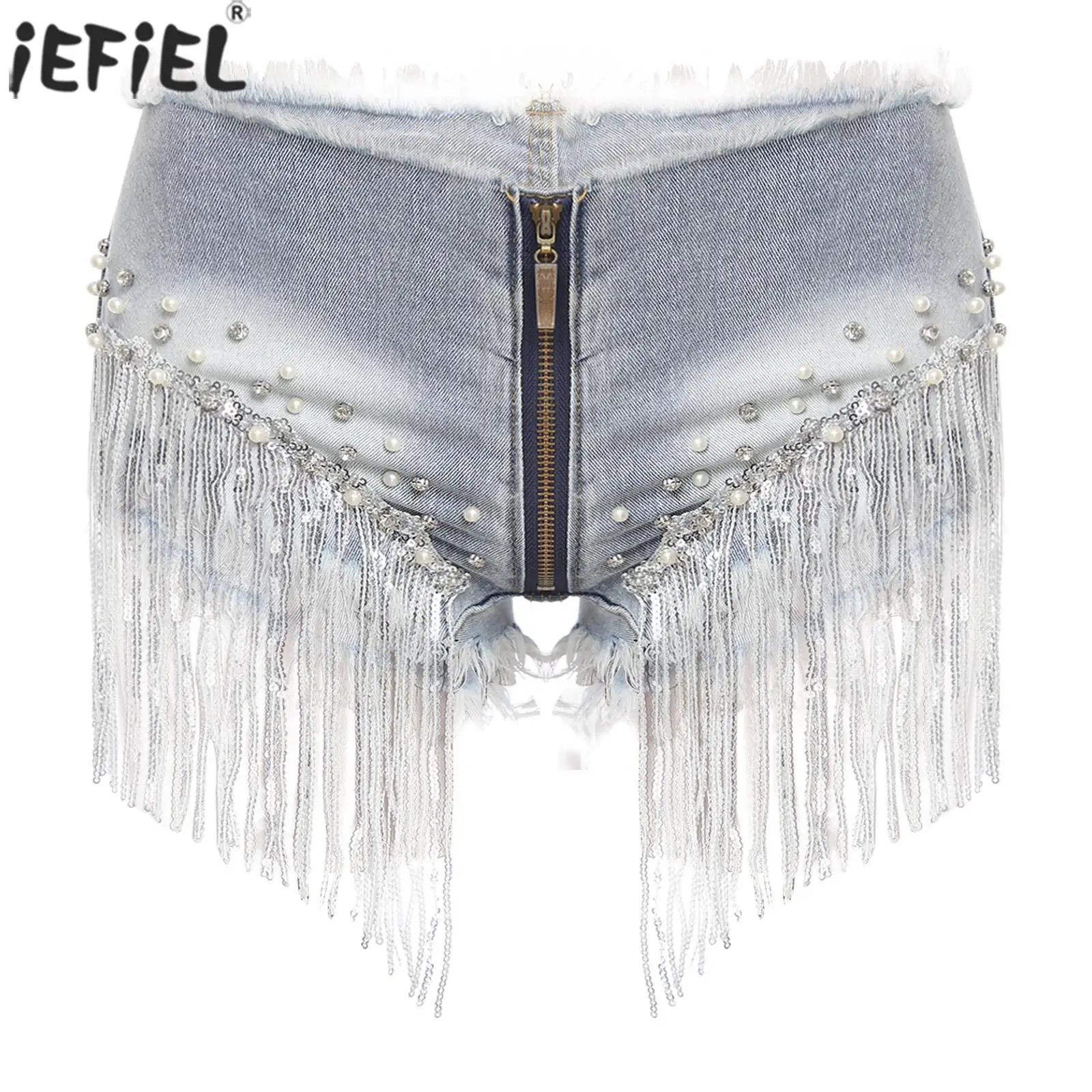 

Женские модные джинсовые шорты с бахромой и декором на молнии спереди, два задних кармана, микрошорты для музыкального фестиваля, уличные танцевальные шорты