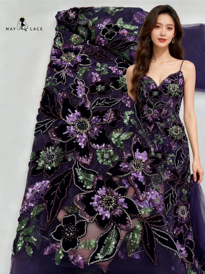 

Luxury Beads Mesh Lace Fabrics Velvet Lace Nigerian African Tulle 2025 French Tulle Beaded Net Lace for Women Evening Dresses