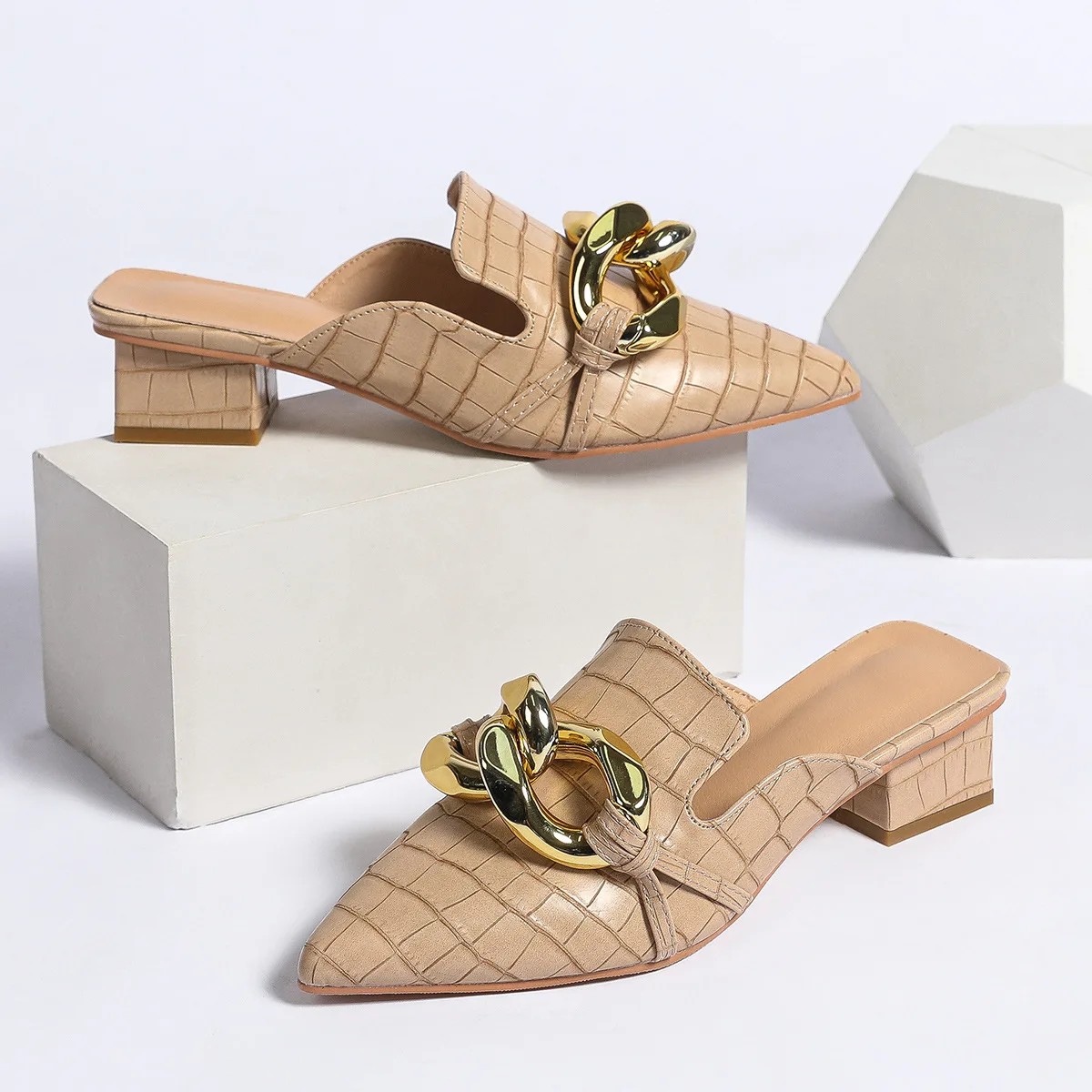 Luxury Chain Women's Mules Shoes With Heels 2024 New Summer Pointed Toe Square Heeled Slippers Women Sandals Big Size 8 9 10