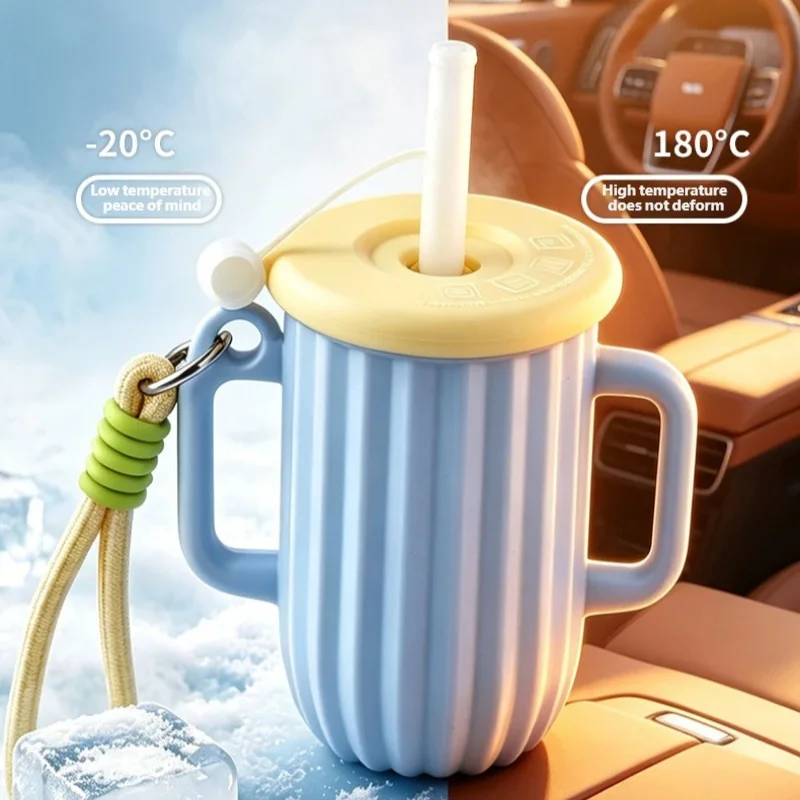 Macaron Silicone Cup with Straw Leakproof Portable Kids Water Bottle with Handle Strap Travel Outdoor Drinking Mug for School