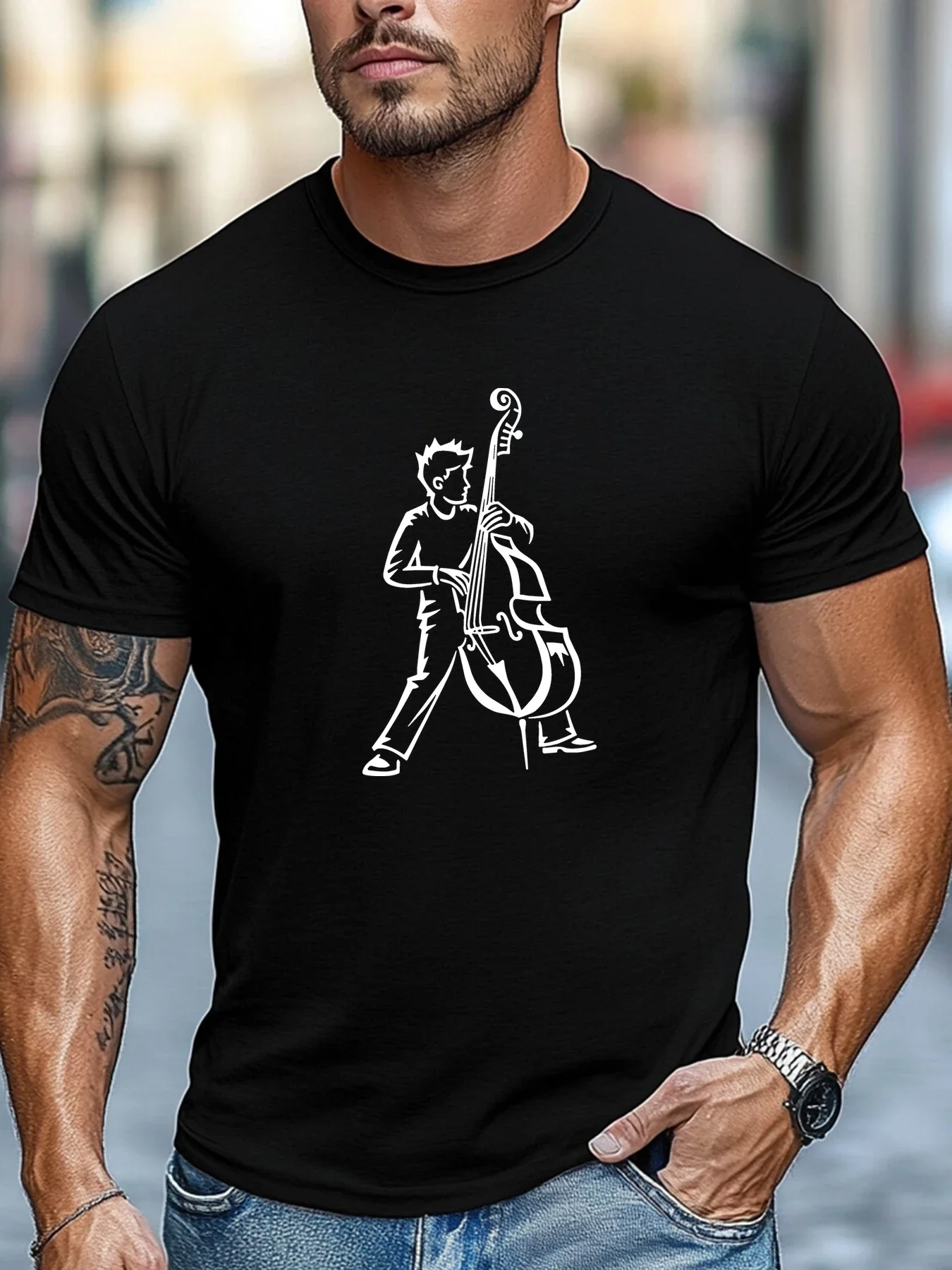 Men Black Crew Neck Tee White Line Art Rock Musician Playing Double Bass Upright Cello Jazz Band Performer Soft Cotton Male Tops