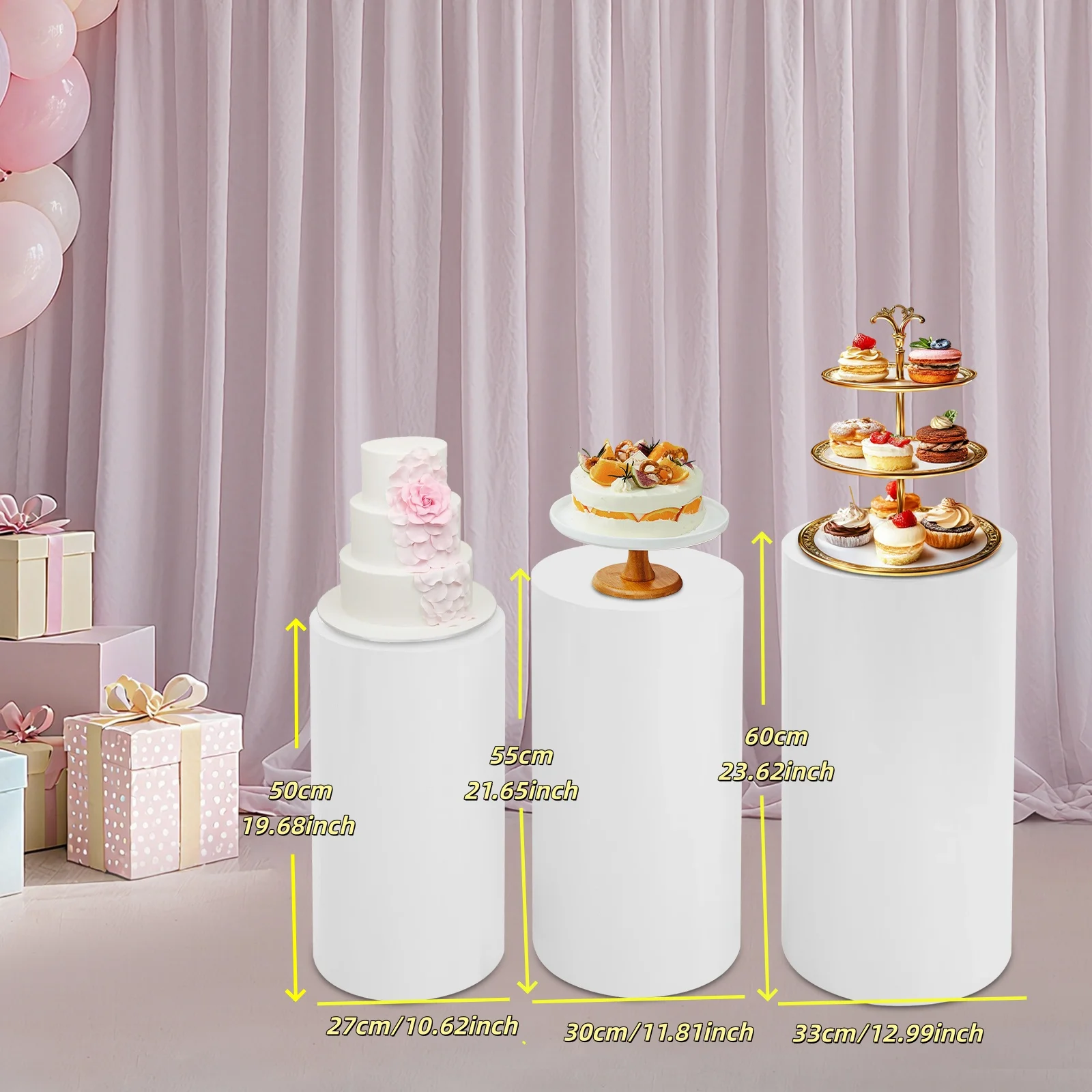 

3Packs Wedding Cake Cylinders, Flower Display Stands Dessert Display Rack Cylindrical 50cm, 55cm, 60cm for Weddings, Parties