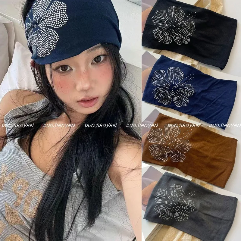 

Fashion Trendy Rhinestone Wide Elastic Solid Headband Hot Girl Street Outgoing Styling Casual Hair Neck Accessories for Women
