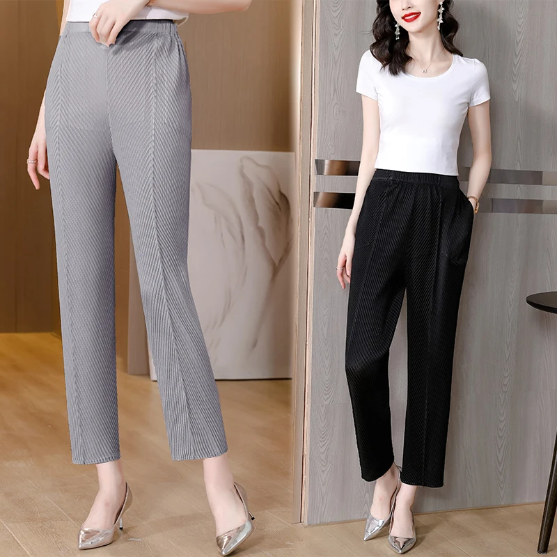 Women Casual Elegant Ladies Issey Miyak New Designer Loose Straight Pleated Pants High Waist Trousers Fashion Harem Pants