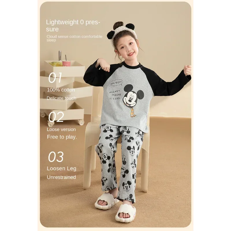 Cartoon Disney Mickey Mouse Children's Pajamas Crew Neck Long Sleeve Pants Two-piece Women's Pajamas Children's Loungewear