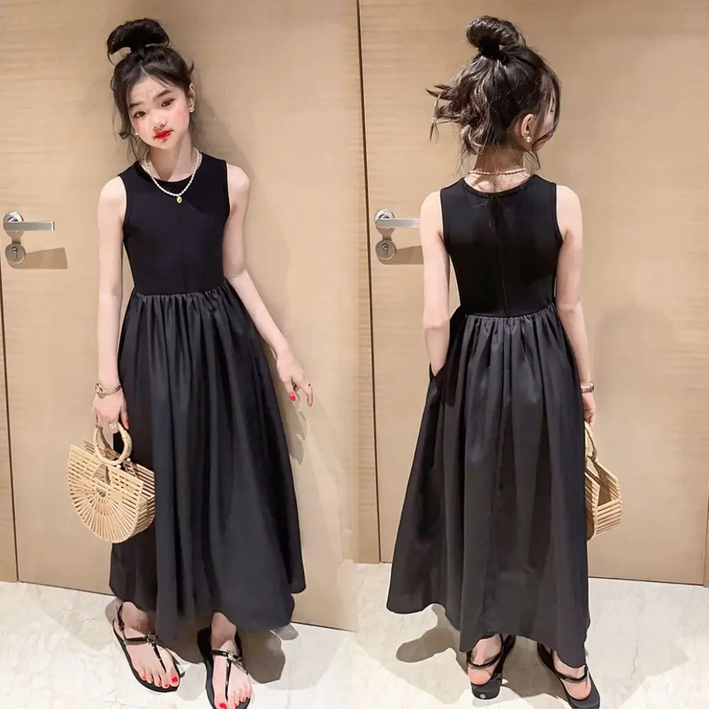 

Elegant Sleeveless Girl Princess Dress Sweet Elegant Teens Party Dress Loose Children Black Dress Summer