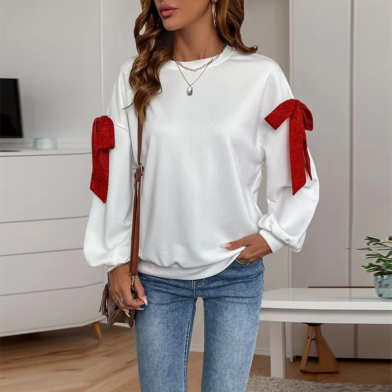 

Women's White Crew Neck Sweatshirt with Red Bow Decor on Sleeves Autumn Christmas Casual Loose Fit Pullover