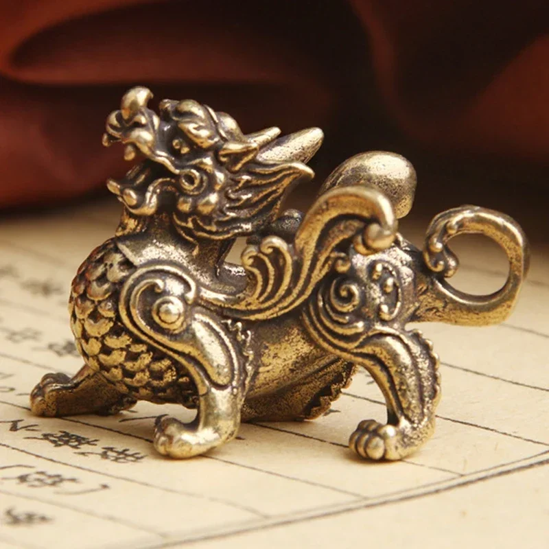 Chinese Style Brass Qilin Dragon Statue Figurine for Wealth Prosperity Luck Fengshui Vintage Ornaments for Home Decoration