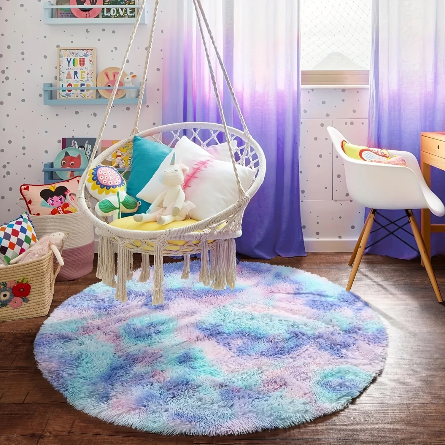 

Adorable Fluffy Round Mat for Kids' Room Teenage Girls' Game Room Kindergarten Classroom Soft Plush Mermaid Mat Playful Mat