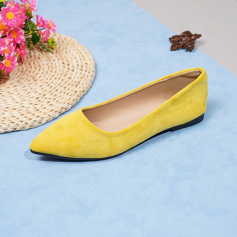 Lady Simple Null Flats For Slim Feet Yellow Brown Royal Blue Candy Colors Flock Shoes Pointed Toe Summer Casual Slip On 48 29cm