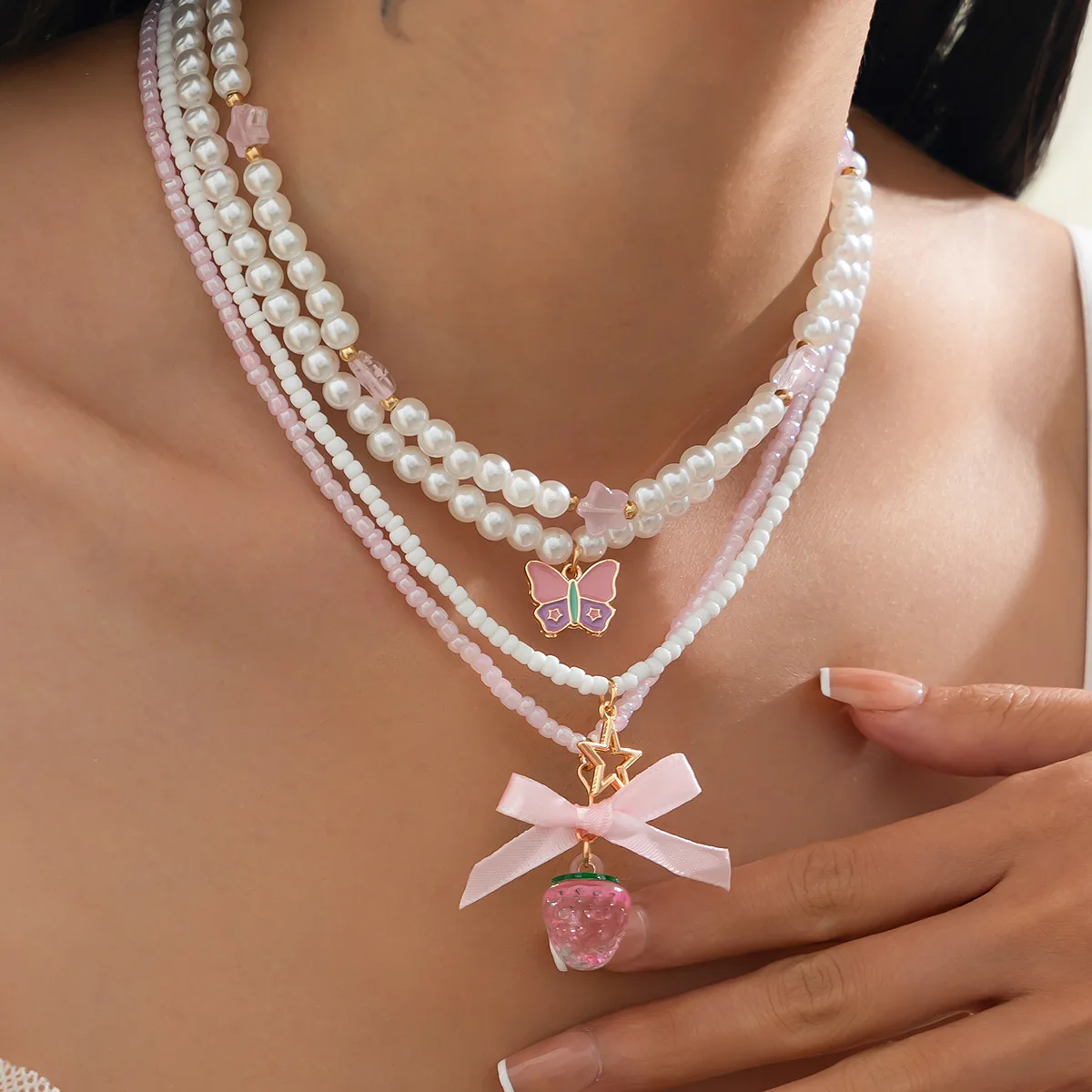 Strawberry Pendant Necklace Sweet Floral Star Wing Faux Pearl Rustic Garden Casual Daily Wear Lightweight Jewelry for Women