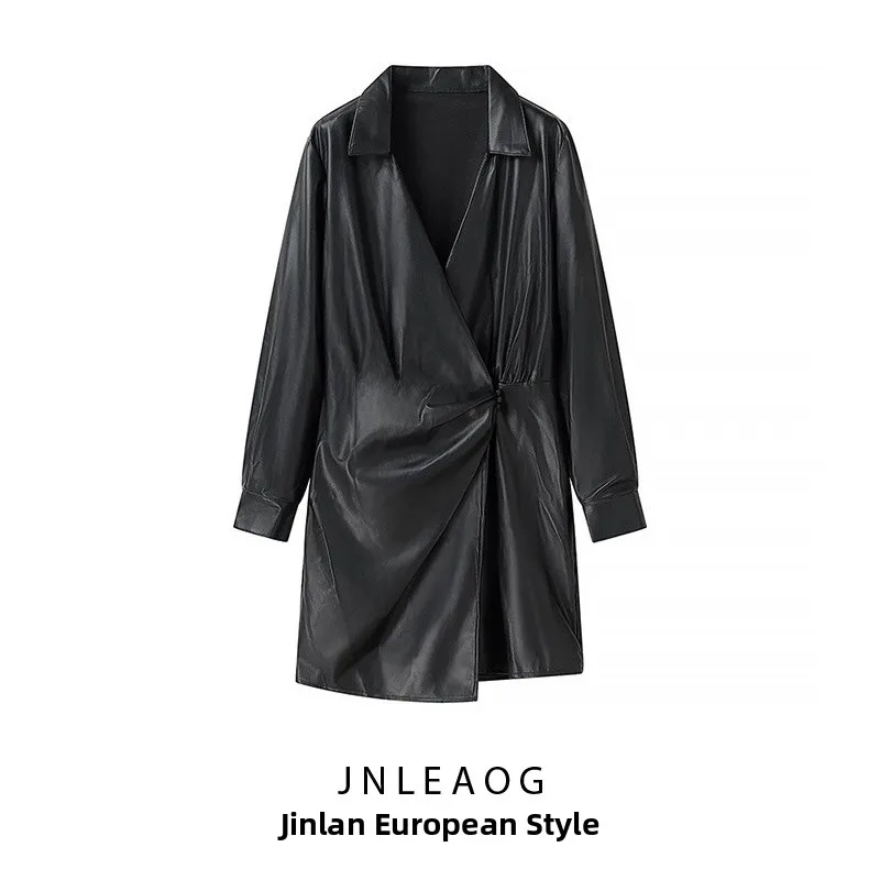 JNLEAOG Autunno Nuovo Faionable Casual Semplice Pelle PU Dr Street Sle Lungo Sve Fibra di poliestere di media lunghezza Dr