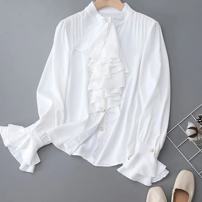 Spring Summer Woman Clothes Flare Sleeve Shirt Ins Chic Unique White Stand Collar Pure Retro Elegant Bow Office Lady Simplicity